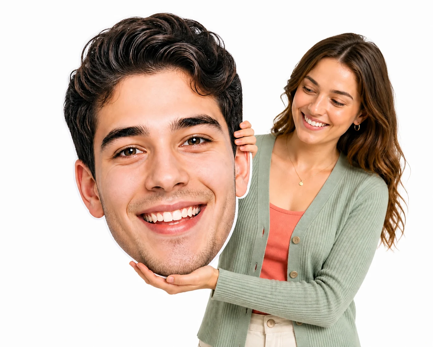 Woman holding a large custom big head cutout printed from a photo