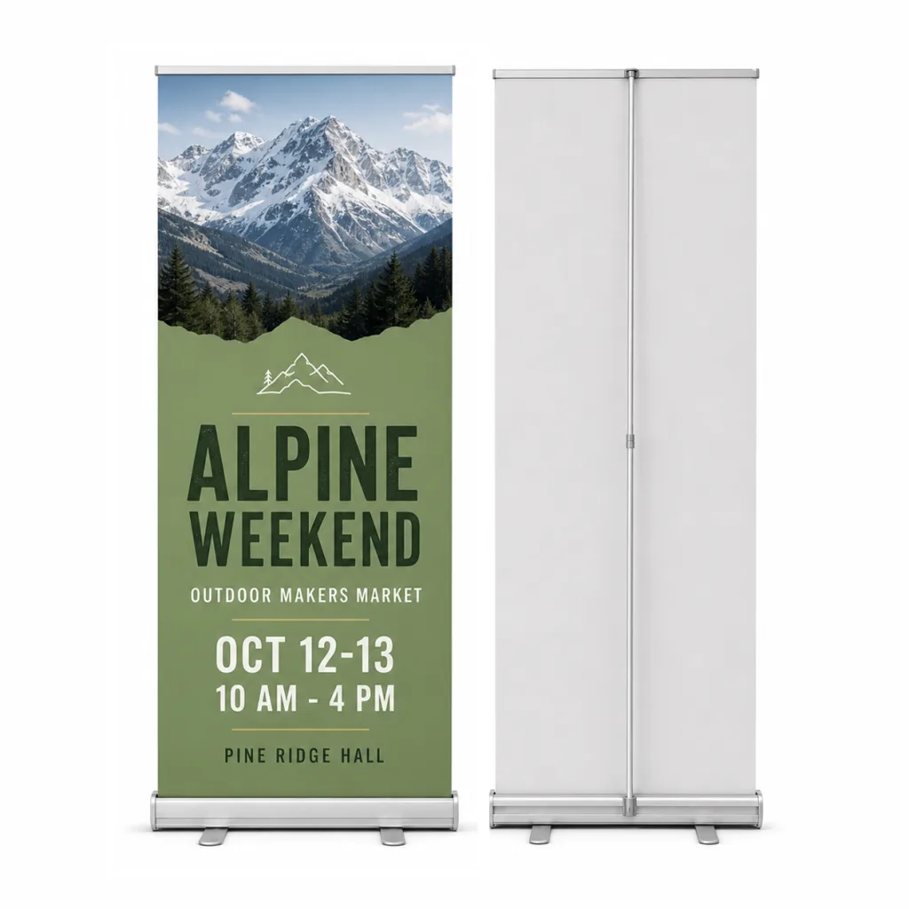 Custom 33 x 81 inch retractable banner shown from the front and back with an alpine event design
