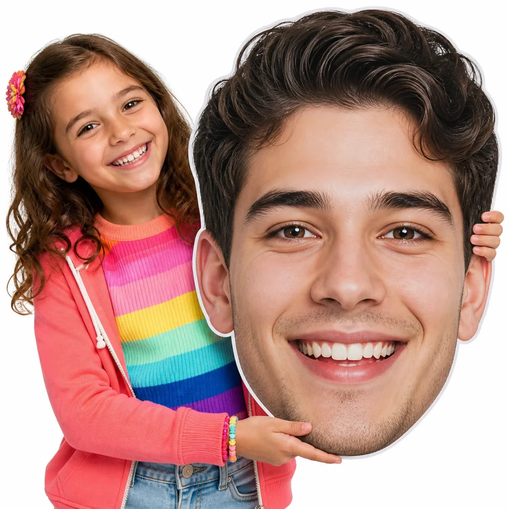 Child holding a large custom big head cutout sign