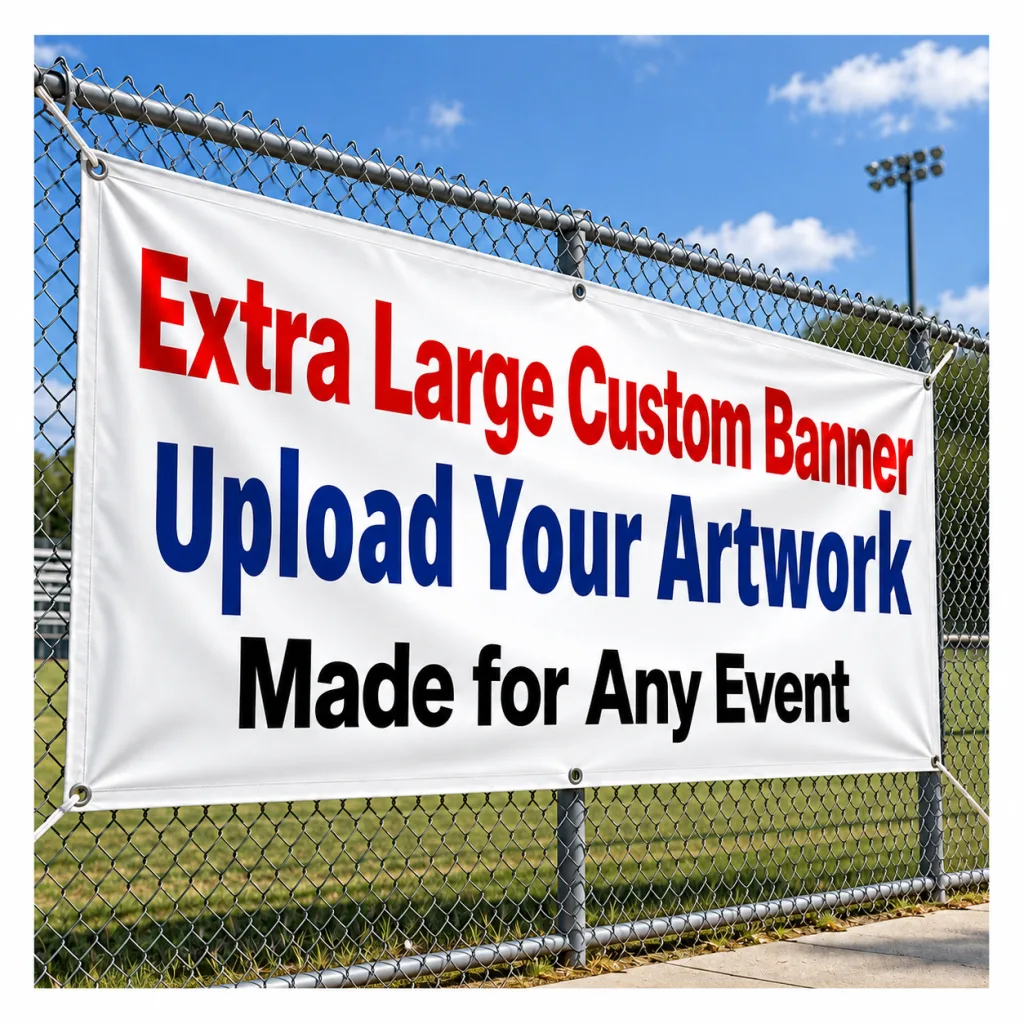 Extra-large custom banner mounted on a chain-link fence